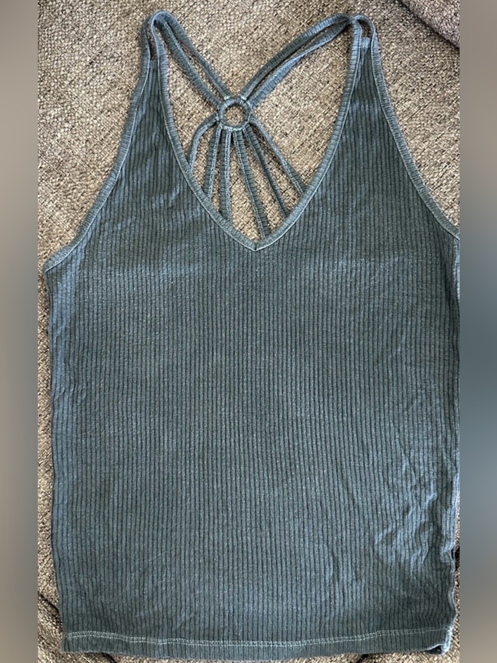 Aerie First Essentials Gray Teal Ribbed V-Neck Tank Top Strappy Back Size Small